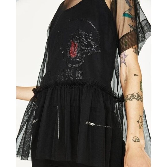 ZARA *Rare* Mesh Black Glitter Panther Sheer Tulle Top Size M Punk Rock Goth - Picture 4 of 4
